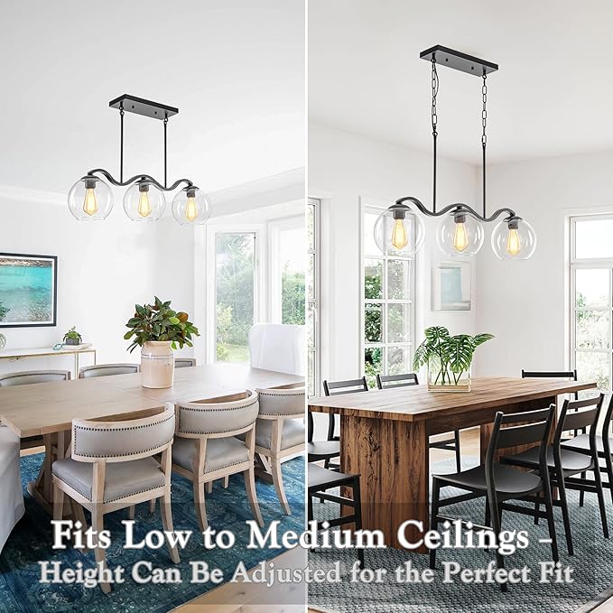 Farmhouse Linear 3-Light Black Chandelier with Wavy Arms, Kitchen Island Pendant Light Fixture with Clear Glass Globe Shades, Ceiling Hanging Lighting for Dining Room Table, Bar