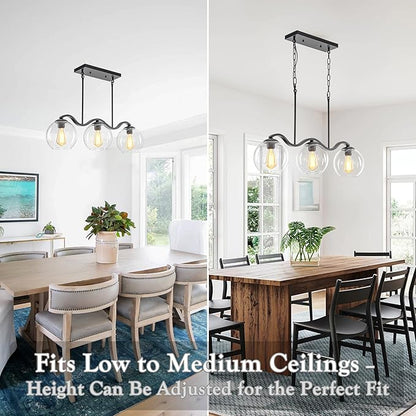 Farmhouse Linear 3-Light Black Chandelier with Wavy Arms, Kitchen Island Pendant Light Fixture with Clear Glass Globe Shades, Ceiling Hanging Lighting for Dining Room Table, Bar