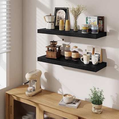 Fun Memories Floating Shelves for Wall, 32 Inch Long Floating Shelves Set of 2, 32 x 10 Wooden Shelves for Wall, Large Storage Shelves, Hanging Shelves for Bathroom Kitchen Bedroom, Black