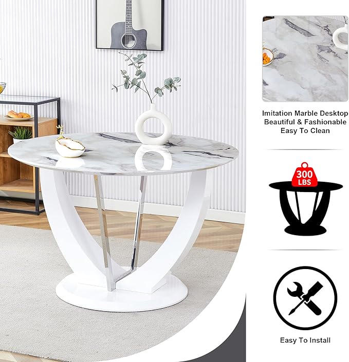JUFU Round Dining Table for 4/6, 47 Inch Faux Marble Look Dining Room Table, White Kitchen Table with Stable Pedestal, Modern Glass Dining Table for Kitchen,Living Room,Apartment,Restaurant