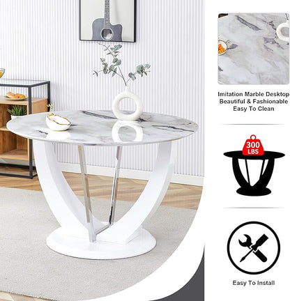 JUFU Round Dining Table for 4/6, 47 Inch Faux Marble Look Dining Room Table, White Kitchen Table with Stable Pedestal, Modern Glass Dining Table for Kitchen,Living Room,Apartment,Restaurant