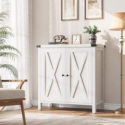 GarveeHome Small Storage Cabinet, Farmhouse Sideboard Buffet Cabinet with 2 Doors and Adjustable Shelves, Accent Entryway Console Cabinets for Living Room, Dining Room (Rustic White., 1 Pieces)
