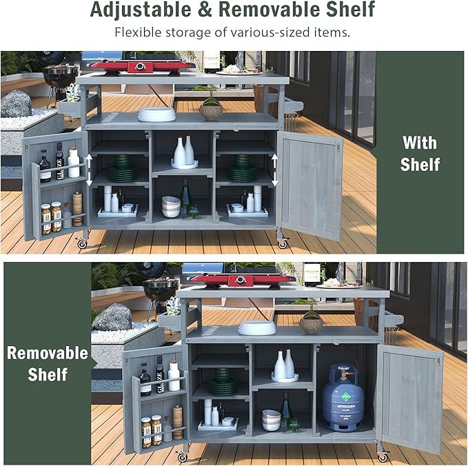 50.25" Kitchen Island Rolling Bar Cart & Storage Cabinet,Farmhouse Solid Wood Outdoor Grill Table with Stainless Steel Top and Spice, Towel Rack for BBQ,Grey Blue