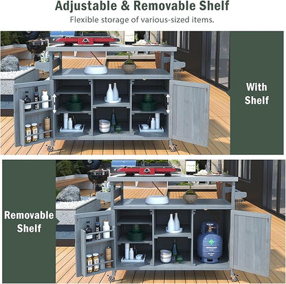 Modern Dining Table Outdoor Kitchen Island with Cabinet, Rolling Bar Cart, Farmhouse Solid Wood Grill Table with Stainless Steel Top, Spice Rack, Towel Rack for Kitchen Dining Room Tables,Blue