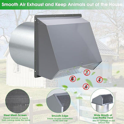 8 Inch Hooded Wall Vent with Screen and Damper, Wall Exhaust Vent Cover Cap for Exterior Ventilation and Outdoor Air Exhaust Kitchen Range Hood Dryer HVAC Duct, Galvanized Steel, Gray