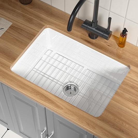 Fireclay White Undermount Kitchen Sink 27 Inch, Topmount White Undermount Laundry Sink 27''Wx19''Dx10''H Drop In Single Bowl, Heavy Duty Deep Basin, Dual Mount, for Kitchen, Island, Laundry