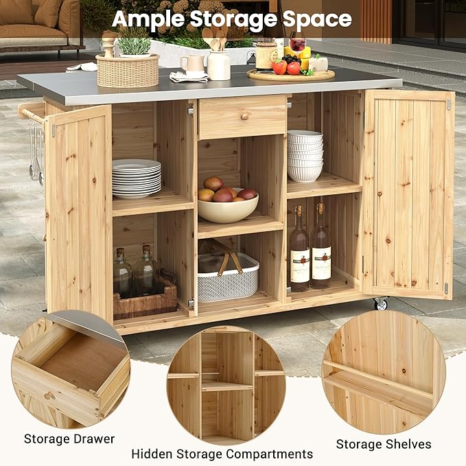 YOPTO Outdoor Kitchen Island Fir Wood Kitchen Island with Stainless Steel Top,Ample Storage Space,Towel and Spice Racks and a Bottle Opener for Outdoor,Natural