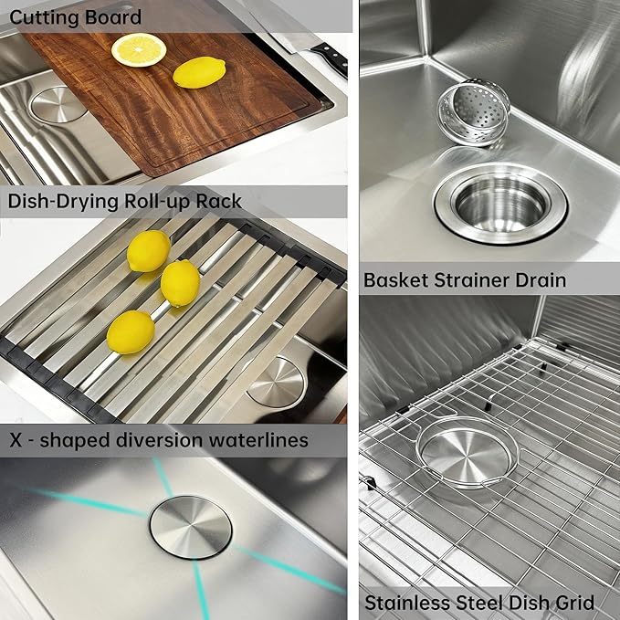 30 Inch Drop in Kitchen Sink Undermount Stainless Steel Kitchen Sinks,16 Gauge Top Mount Single Bowl Workstation Sink,Deep Handmade Kitchen Sink with Cutting Board & Strainer,Satin Nickel
