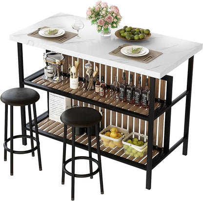 AWQM Kitchen Island with Seating & Storage Shelf, Modern Bar Table and Chairs Set for 2, Wooden Island Table for Kitchen, Dining Table Set for Small Space, White