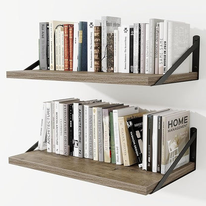 Deep Wall Shelves 24"W x 12"D Engineered Wood Floating Shelves for Wall, Sturdy Metal Bracket Bookshelves Home Decor Storage for Living Room Bedroom Bathroom Kitchen, Set of 2, Grey Finish