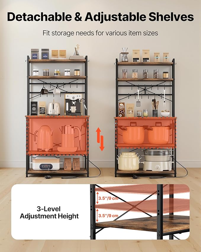 VEVOR Kitchen Bakers Rack with Power Outlets, 31.5 x 15.7 x 63.7Inch Microwave Stand with Built-in Power Strip & 5 Ft Cord, 12 S-Shaped Hooks, for Dish Storage, Spice Jars, Coffee Bar Organization