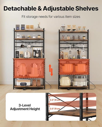VEVOR Kitchen Bakers Rack with Power Outlets, 31.5 x 15.7 x 63.7Inch Microwave Stand with Built-in Power Strip & 5 Ft Cord, 12 S-Shaped Hooks, for Dish Storage, Spice Jars, Coffee Bar Organization