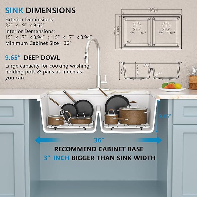 33 Granite Composite Kitchen Sink Double Bowl - Fulorni 33"x19" Granite Kitchen Sink Ledge Workstation White Undermount Double Bowl 50/50 Luxury Quartz Classic Under Counter Basin