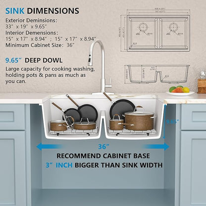 33 Granite Composite Kitchen Sink Double Bowl - Fulorni 33"x19" Granite Kitchen Sink Ledge Workstation White Undermount Double Bowl 50/50 Luxury Quartz Classic Under Counter Basin