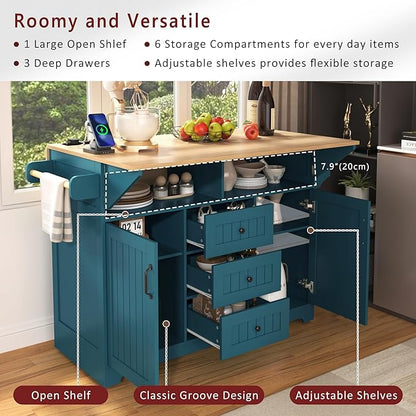 55.7'' Large kitchen Island with 2 Drop Leaf and Power Outlet, Rolling Kitchen Islands on Wheels with 3 Drawers and Storage Cabinet, Folding Dining Table with Spice & Towel Rack for Dining Room Green