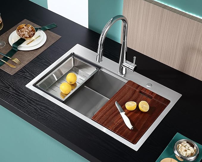 MENATT 30 inch Kitchen Sink Drop In, 18 Gauge Stainless Steel Handmade Drop in Workstation Kitchen Sink, 2 Hole Single Bowl Topmount Kitchen Sinks with Cutting Board, D30"xW18"xH9"