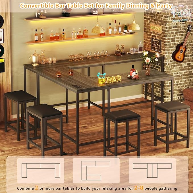 HUAHUU L Shaped Bar Table with 2 Stools, 63‘’ Bar Height Table with Power Outlets, Convertible Corner Counter Height Bar Table, Rectangular High Top Table for Small Spaces, Breakfast Nook, Grey Oak