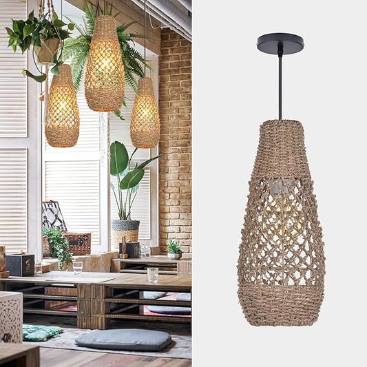 Arturesthome 1 Light Boho Rattan Pendant Light Fixtures, Mini Farmhouse Natural Chandelier Pendant Light, Retro Wicker Hanging Lamp for Kitchen Island