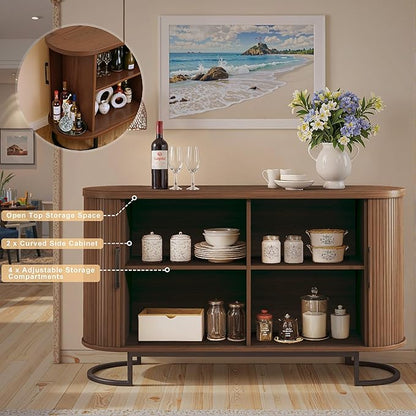 HUAHUU Sideboard Buffet Cabinet with Storage, 54.3" Storage Cabinet with Sliding Door & Adjustable Shelf, Mid Century Modern Coffee Bar Console Table for Kitchen, Entryway, Walnut