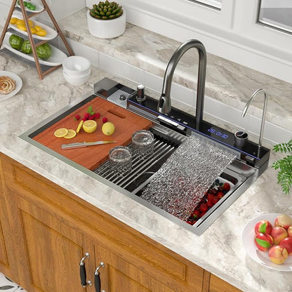 Mocoloo 33 Inch Honeycomb Waterfall Kitchen Sink Drop in, 33x19 Inch Stainless Steel Workstation Sink 16 Gauge Topmount Single Bowl Sink with Complete Kit