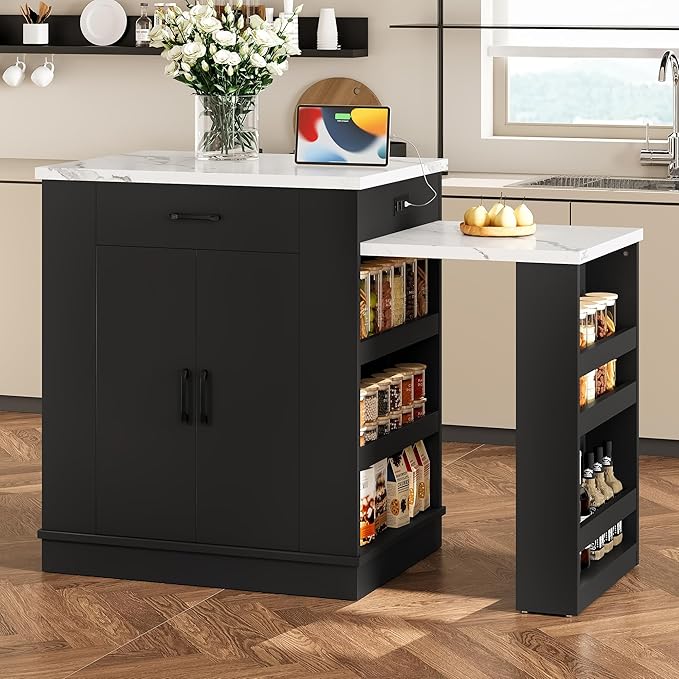 Kitchen Islands with Extendable Dining Table, Extendable Island Console with Drawers, Double-Door Cabinet and Open Shelving, Saving Space Island Table for Dining Room, Black