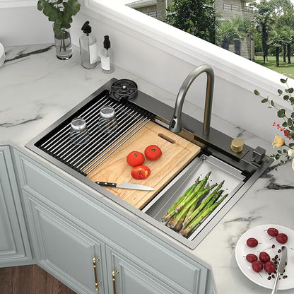 Kichae 36 Black Kitchen Sink Drop In Waterfall - 36x22 Drop Sink Stainless Steel 16 Gauge Single Bowl Waterfall Kitchen Sinks Workstation Handmade with Faucet & Glass Rinser