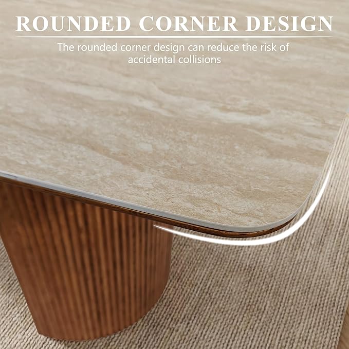 79'' Sintered Stone Dining Table for 8-10 People, Modern Rectangular Kitchen Table with Solid Wood Pedestal, Luxury Mid-Century Dining Room Table for Home Living Room