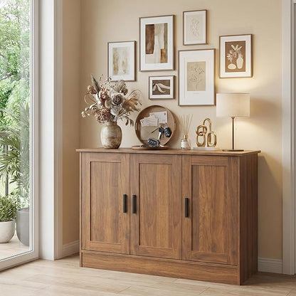 Anystyle 43" Rustic Brown Buffet Cabinet with Black Handles, Small Kitchen Sideboard with 3 Doors & Adjustable Shelves, Industrial Entryway Credenza & TV Console Table for Living Room, Dining Room