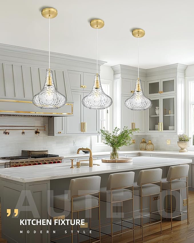 AUTELO Gold Pendant Lights, 10" Hammered Pendant Lights Kitchen Island, Farmhouse Hanging Lights in Brushed Gold Finish and Clear Hammered Glass, Hanging Light Fixture for Kitchen Island, H9164 HMBG