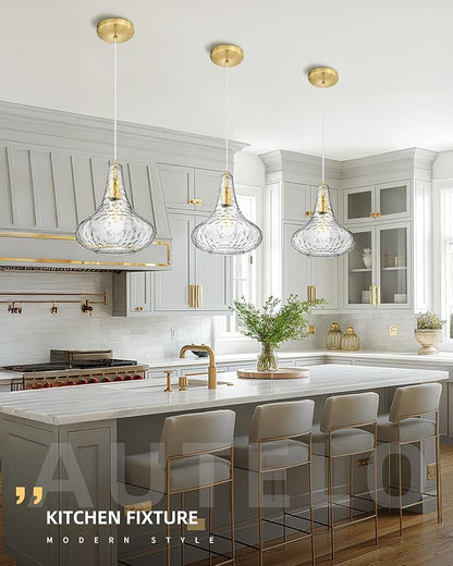 AUTELO Gold Pendant Lights, 10" Hammered Pendant Lights Kitchen Island, Farmhouse Hanging Lights in Brushed Gold Finish and Clear Hammered Glass, Hanging Light Fixture for Kitchen Island, H9164 HMBG
