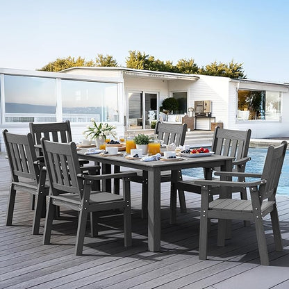 YEFU HIPS Patio Table Set: 7 Piece Patio Table and Chairs Outdoor Furniture Set with Umbrella Hole - Gray Modern Plastic Dining Sets 6 Person for Outside Deck with Metal Aluminum Frame