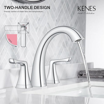 KENES Bathroom Faucets for Sink 3 Hole, Chrome 8 Inch 2 Handle Widespread Bathroom Faucet, Bathroom Vanity Faucet with Pop Up Drain & Supply Lines, LJ-9075-5