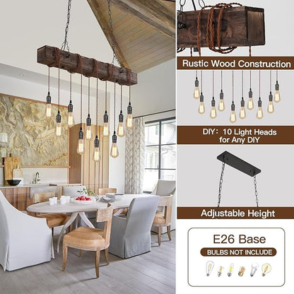 KEESFU 10-Lights Rustic Chandeliers for Dining Room, Farmhouse Wooden Ceiling Pendant Light, Height Adjustable, Rectangle Chandelier for Kitchen Island Dining Room Bar Pool Table Cabin.