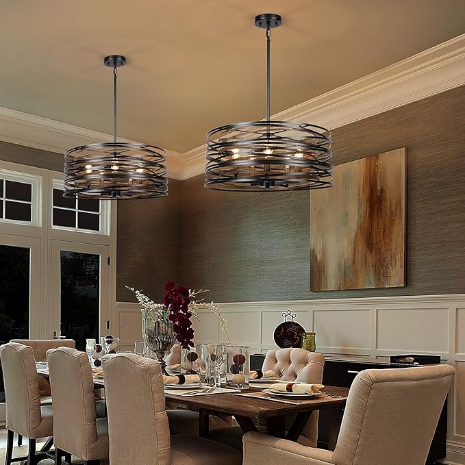 Sigaitwei 5-Light Drum Chandelier for Dining Room，19.7" Rustic Farmhouse Dining Room Light Fixture，Wood Grain and Vintage Black Metal Chandeliers for Kitchen Entryway Living Room