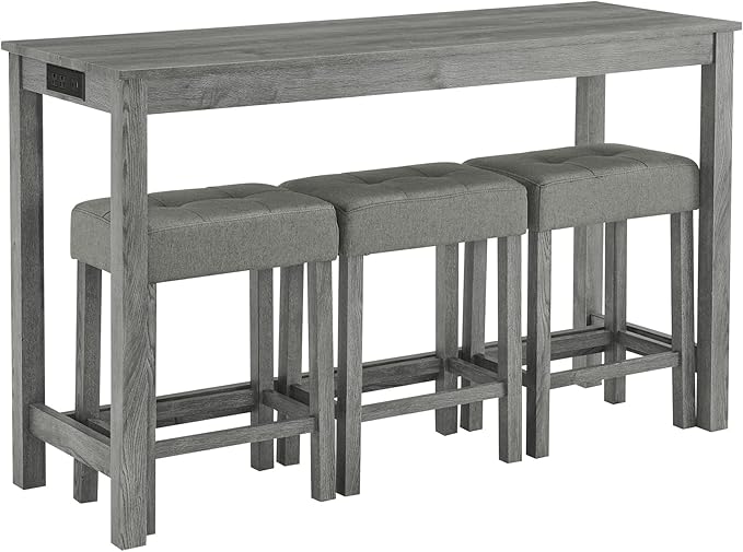 4-Piece Kitchen Island Counter-Table Set with Charging Station, Industrial 59" Dining Tables with 3 Stools, 59 Inch Farmhouse Bar Table Chairs w/USB & Type-C & Power Outlets, Grey