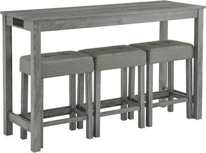 4-Piece Kitchen Island Counter-Table Set with Charging Station, Industrial 59" Dining Tables with 3 Stools, 59 Inch Farmhouse Bar Table Chairs w/USB & Type-C & Power Outlets, Grey