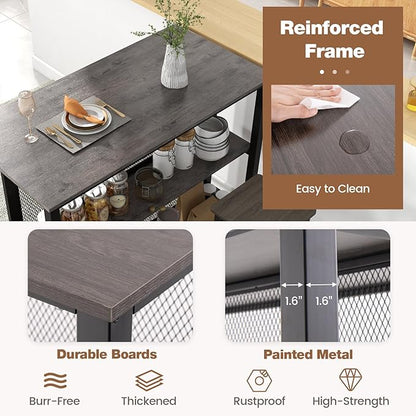 COSTWAY Home Bar Unit, 3-Tier Bar Table with Storage Shelves, Metal Frame, Adjustable Foot Pads, Breakfast Corner Bar Cabinet for Kitchen Island Dining Room (Grey)