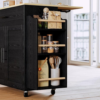 IRONCK Kitchen Island with Storage, Rolling Kitchen Island on Wheels with Drop Leaf, Charging Station, 3 Open Spice Rack, Cabinet, Drawer, Kitchen Cart Island Table for Kitchen, Black
