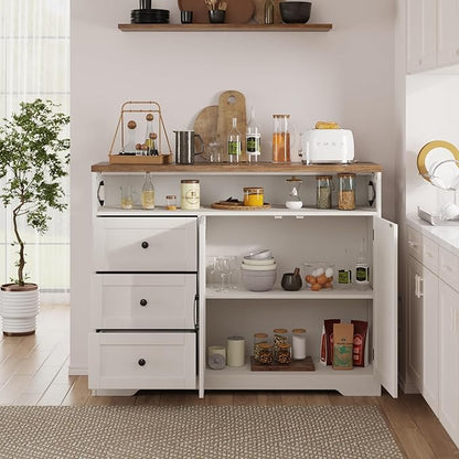 Befrases Farmhouse Buffet Cabinet with Drawers & Open Shelf, Sideboard with Storage, Kitchen Pantry Cabinet Hutch, Coffee Bar Station for Kitchen, Livingroom, 47" L White