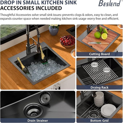 18 Inch Drop In RV Bar Sink - Beslend 18x18 Gunmetal Black Topmount Sink for RV Camper, Black Stainless Steel Wet Bar Workstation with Cutting Board, Roll-up Rack, Drain Assembly & Rinse Grid