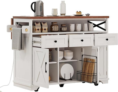 Ball & Cast Farmhouse Kitchen Island with Drape of Beads & Power Outlet, Rolling Kitchen Cart on 5 Wheels, 3 Drawers, Internal Iron Shelf & Towel Rack, for Kitchen & Dining Room, White