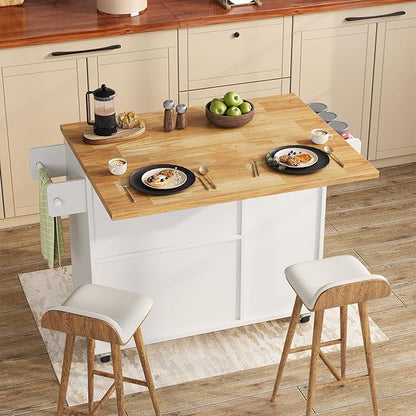 knoworld Rolling Kitchen Island with Storage Cabinet, 41.3'' Width Kitchen Cart with Desktop Drop Leaf Countertop, Portable Mobile Island with Towel Rack, Spice Rack Shelf, White