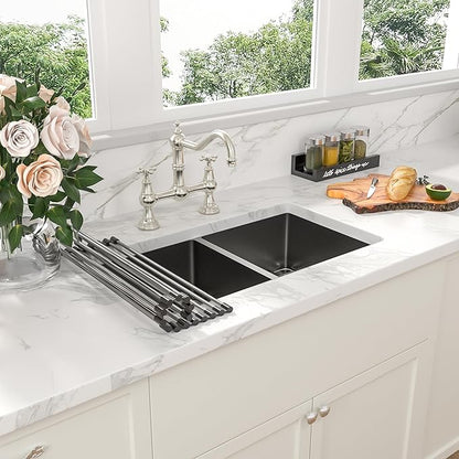 Sarlai 33 Inch Black Undermount Kitchen Sink Double bowl- 33x19 Undermount Double Bowl Kitchen Sink Gunmetal Black Stainless Steel 16 Gauge Sink 50/50 Under Counter Sinks Basin with Accessories