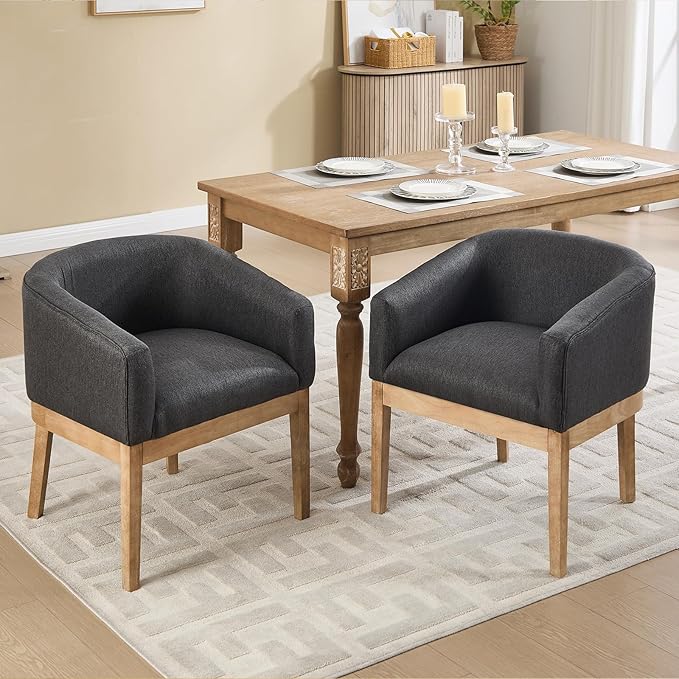 Barrel Dining Chairs Set of 2, Mid Century Modern Farmhouse Kitchen Chairs with Wood Legs, Linen Upholstered Accent Chair with Arms for Living Room/Bedroom, Grey