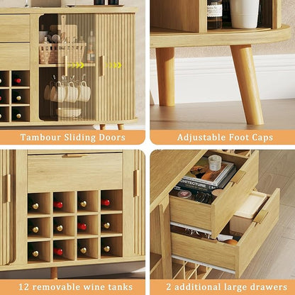 HUAHUU 58" Buffet Cabinet with Storage, Fluted Wine Bar Cabinet with Drawers & Adjustable Shelves, Mid-Century Modern Buffet Sideboard with 12 Wine Racks for Kitchen Living Room, Natural Oak