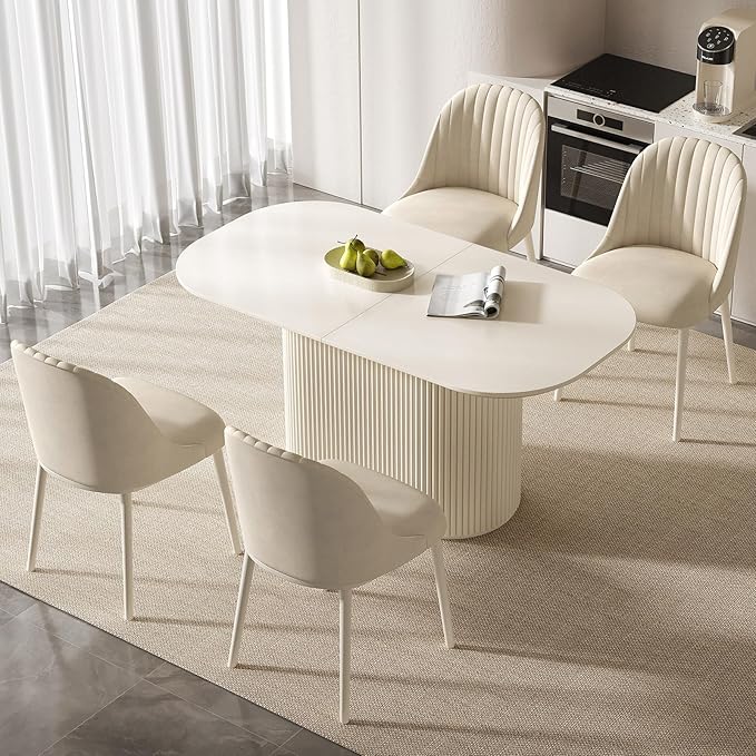 Miuuod 62.99" Large Modern Dining & Kitchen Table Set,with 4 Cushion Chairs for 6-8,Long Oval Side,Space-Saving for Dining Room,Kitchen Island,Cream White