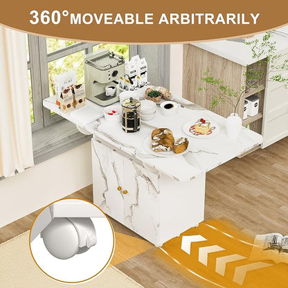 47" Wood Folding Dining Table with storage rack and cabinet, Removable Entryway Table with 6 Wheels, White Marble Color Kitchen Island, Side Table and Coffee Table Versatile Table Space Saving