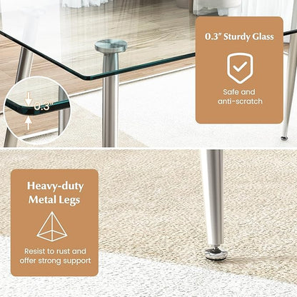 Moccha 51” Glass Dining Table, Modern Rectangular Table with Spacious Tempered Glass Tabletop & Sliver Metal Legs, Adjustable Foot Pads, Transparent Kitchen Table for Home Office