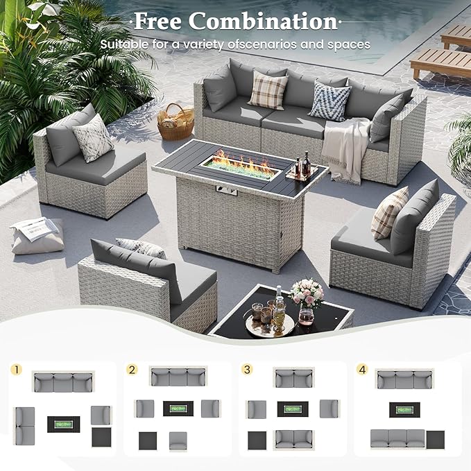 UDPATIO Patio Furniture Set with Fire Pit Table, 8 Pieces Outdoor Sectional Sofa, PE Wicker Patio Conversation Set for Garden, Backyard Grey