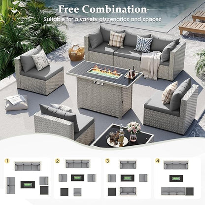 UDPATIO Patio Furniture Set with Fire Pit Table, 8 Pieces Outdoor Sectional Sofa, PE Wicker Patio Conversation Set for Garden, Backyard Grey